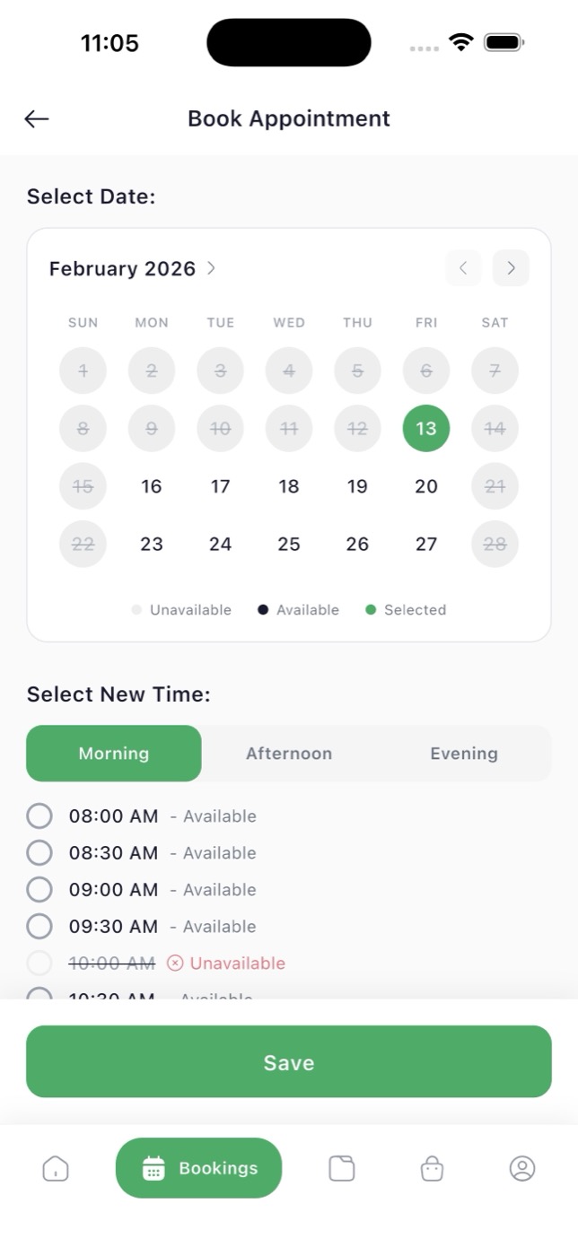 VotixCare app appointment booking screen with calendar and time slots