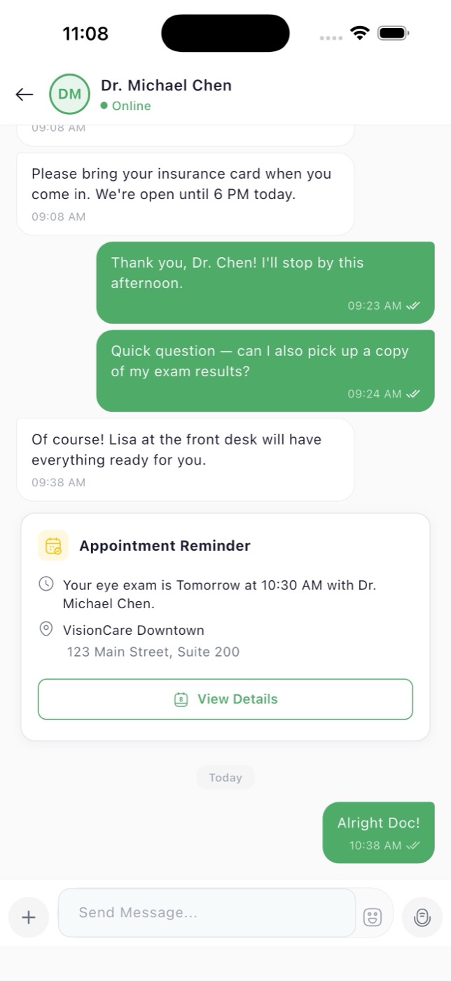 VotixCare app chat screen showing conversation with optometrist