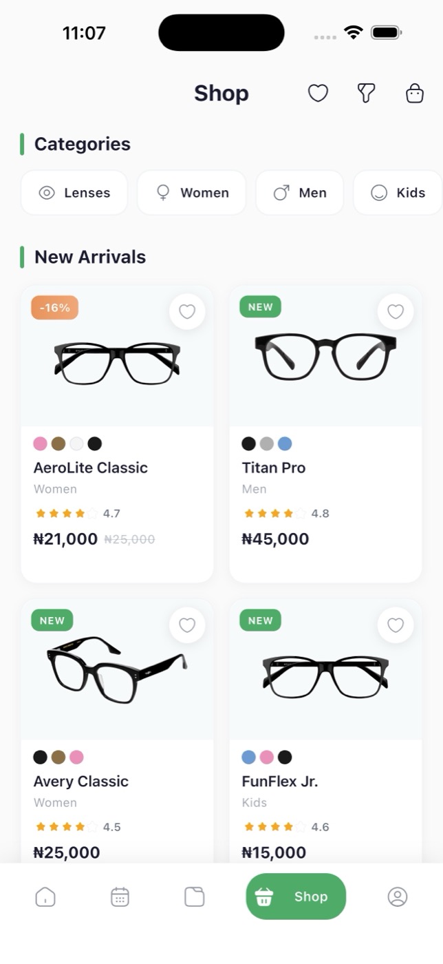 VotixCare app eyewear shop with frame listings